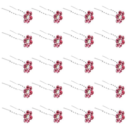 20 Pack (Pink) Crystal Flower Hair Pins Rhinestone Hair Clips for Bridal Wedding Women Hair Jewelry Accessories, with Clear Container