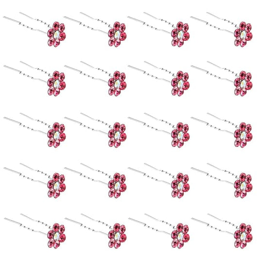 20 Pack (Pink) Crystal Flower Hair Pins Rhinestone Hair Clips for Bridal Wedding Women Hair Jewelry Accessories, with Clear Container