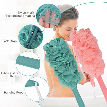 2Pack Back Scrubber for Shower Loofah with Long Handle, Shower Brush for Body, 17″ Loofah on a Stick for Men Women Bathing Accessories, Scrubber Sponge for Exfoliating Bath Brushes (Pink & Green)
