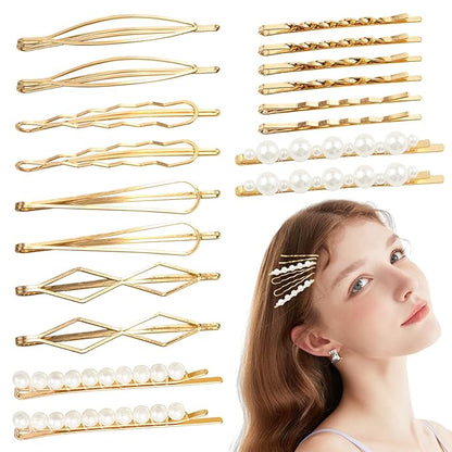 18 PCS Metal Gold Geometric Elegant Hair Barrette Set Hair Styling Fancy Pins Women Girls Preppy Pearls Hair Clips Bridal Minimalist Bobby Pins Dainty Hair Accessories
