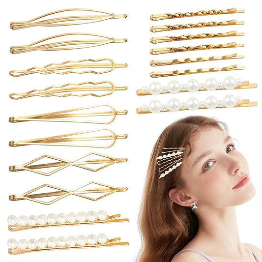 18 PCS Metal Gold Geometric Elegant Hair Barrette Set Hair Styling Fancy Pins Women Girls Preppy Pearls Hair Clips Bridal Minimalist Bobby Pins Dainty Hair Accessories