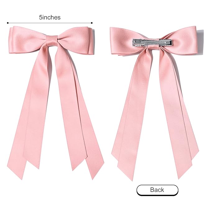 2PCS Silky Satin Hair Bows Hair Clip Pink Hair Ribbon Ponytail Holder Accessories Slides Metal Clips Hair Bow for Women Girls Toddlers Teens Kids