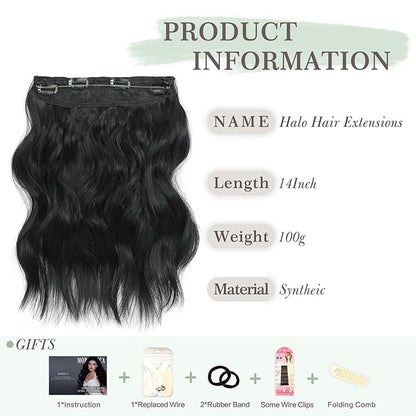 MORICA Invisible Wire Hair Extensions - 14 Inch Natural Black Long Wavy Synthetic Hairpiece with Transparent Wire Adjustable Size, 4 Secure Clips for Women(Natural Black,14Inch)