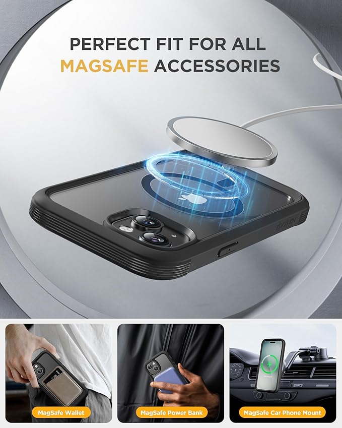 Miracase Glass Series for iPhone 15 Case [Compatible with MagSafe] Full-Body Magnetic Bumper Case with Built-in 9H Tempered Glass Anti-Fingerprint Screen Protector + Camera Lens Protector, Black