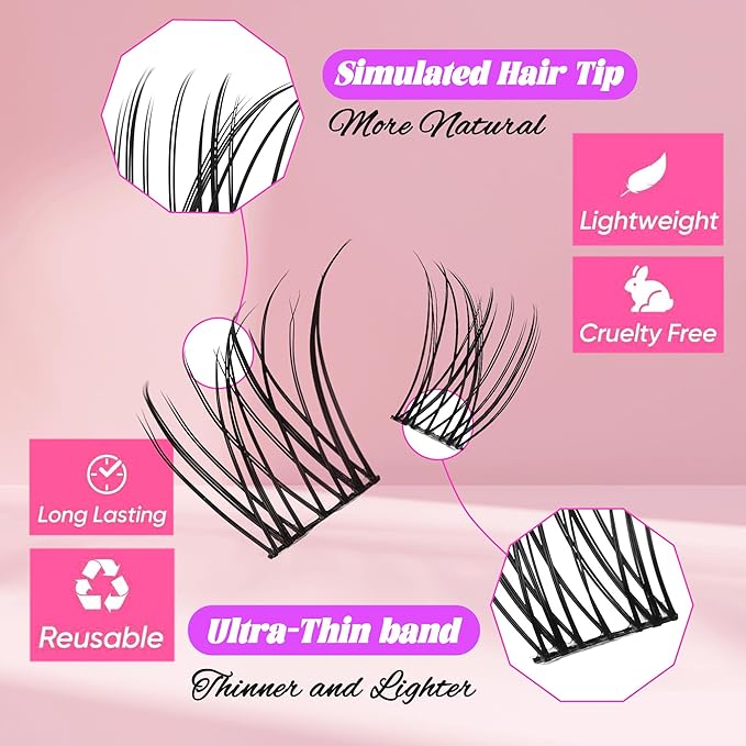 Natural Lash Clusters Kit Wispy Lash Invisible Lash Band Cluster Eyelash Extensions Kit 8-16mm Individual Lashes Extension DIY D Curl Eyelash Clusters with Waterproof Lash Band Clusters