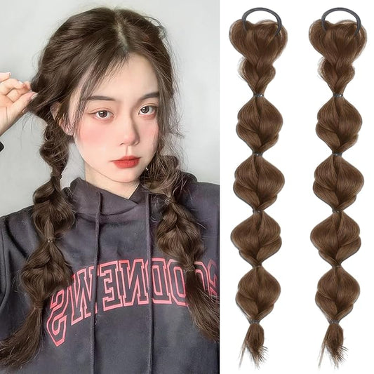 2 Pcs Bubble Ponytail Wig Synthetic Braided Hair Extensions with Hair Ties and Bands for Women Girls Daily Wear (Light Brown)