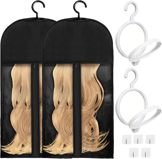 2Packs Hanging Wig Stand 2packs Wig Storage Bags Dust-proof Wig Bags With Hanger With Clear Zipper Closure for Multiple Wigs Hats and Hair Extensions Accessories (White stand-Black bag)