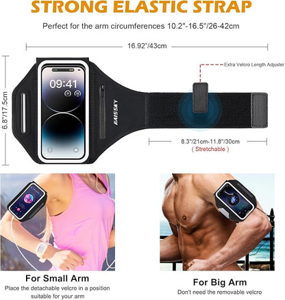 Running Armband with Earphone Bag Cell Phone Armband for iPhone 16 15 Pro 14 Plus 13 11 XR XS, Galaxy S24/S10 Water Resistant Sports Phone Holder Case & Zipper Slot Car Key Holder for 6.9 inch Phone