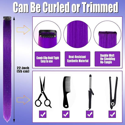 12 PCS Purple Hair Extensions Clip in, 22-Inch Colored Hair Extensions Party Highlights Long Straight Synthetic Hairpieces for Women Kids Girls Halloween Christmas Cosplay