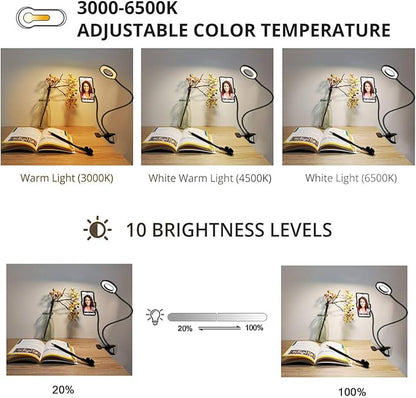 Clip on Light Reading Lights with Cell Phone Holder,Eye Protection Kids Desk Lamp, 360 ° Flexible Gooseneck Selfie Ring Light， LED Makeup Mirror Lights… (Selfie Ring Light with Cell Phone Holder)