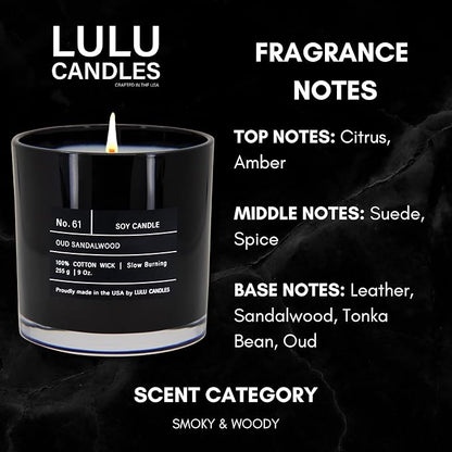 Lulu Candles | Oud Sandalwood | Smells Smokey & Woody | Luxury Scented Soy Jar Candle | Hand Poured in The USA | Highly Scented Long Lasting (9 Oz.)