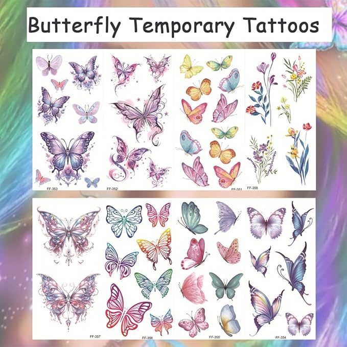 8 Sheets Butterfly Temporary Tattoos Colorful 3D Butterfly Flower Tattoos Butterfly Face Tattoos Waterproof Butterfly Stickers for Women Girls Face Eye Body Decoration Makeup Supplies