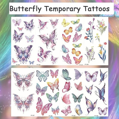 8 Sheets Butterfly Temporary Tattoos Colorful 3D Butterfly Flower Tattoos Butterfly Face Tattoos Waterproof Butterfly Stickers for Women Girls Face Eye Body Decoration Makeup Supplies