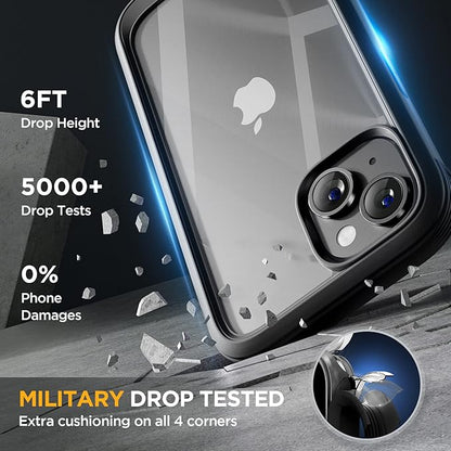 Miracase Glass Series Designed for iPhone 14 Plus Case 6.7 inch, 2023 Upgrade Full-Body Clear Bumper Case with Built-in 9H Tempered Glass Screen Protector and Camera Lens Protector,Black