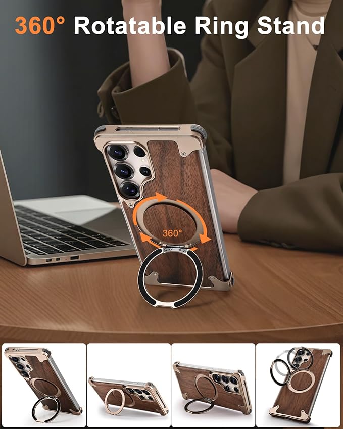 OATSBASF Magnetic Wood Case Compatible with Samsung Galaxy S25 Ultra, [Natural Wood & Aluminum] Shockproof Protective Cover Unique Wooden Case with 360° Ring Stand, Desert Titanium