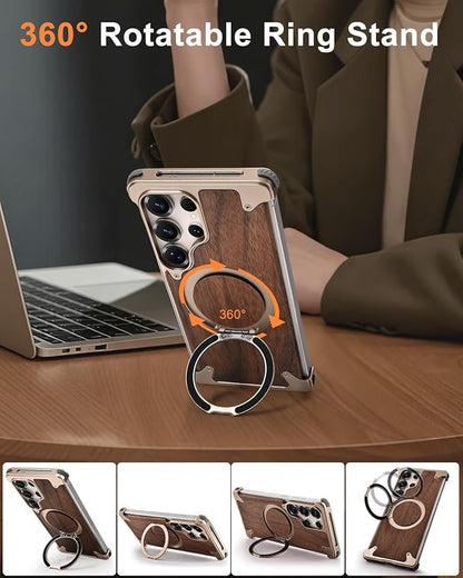 OATSBASF Magnetic Wood Case Compatible with Samsung Galaxy S25 Ultra, [Natural Wood & Aluminum] Shockproof Protective Cover Unique Wooden Case with 360° Ring Stand, Desert Titanium