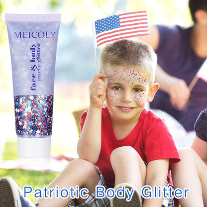 MEICOLY Red White and Blue Body Glitter,4th of July Accessories,4th of July Outfits for Women Kids,Fourth of July Patriotic Face Glitter for Independence Day President's Day Patriotic Veterans Day