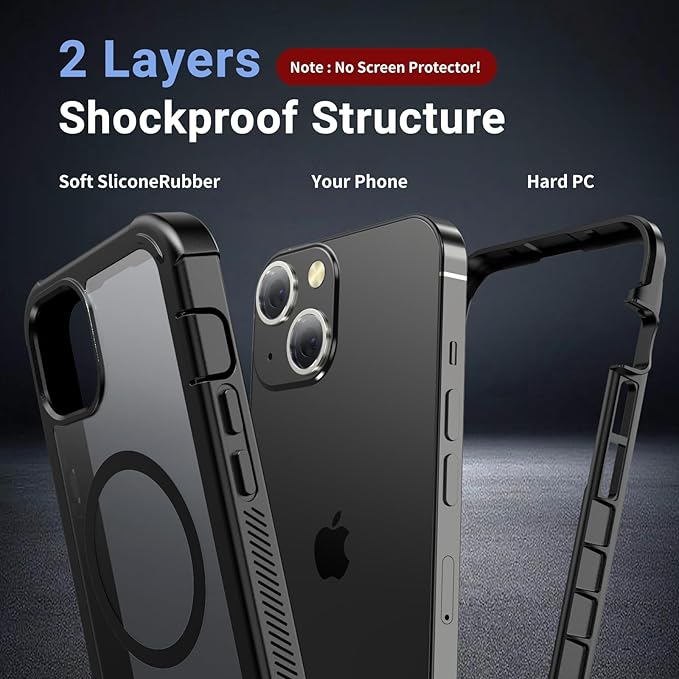for iPhone 13 case, with [Compatible with MagSafe][Military Grade Drop Protection][Heavy Duty Protection][Non-Slip][Shockproof] with 2-Layer Durable Bumper Phone Case 6.1''-Black