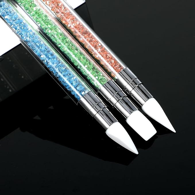 3 Pcs Nail Art Sculpture Pen, Dual Tipped Silicone Nail Tools, Silicone Head Acrylic Handle Nail Art Brushes for Design Nail Foil Carving Drawing Effect Shaping Drawing (Blue, Green, Orange)