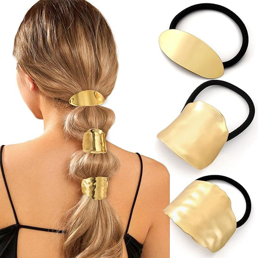 3PCS Gold Hair Ties, Metal Hair Ties for Thick Hair, Elegant Durable Geometric Design Hair Cuffs, Gold Hair Accessories Stretchy and Non-Damage Ponytail Holders 3 Style