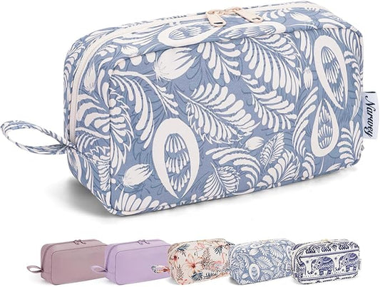 Narwey Cute Makeup Bag Small Toiletry Bag Travel Cosmetic Bag Organizer Make Up Bags with Organized Pockets for Women (Blue Leaf, Large)