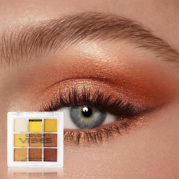 9 Colors Eyeshadow Palette - Highly Pigmented Yellow Gold Warm Tones, Shimmer & Matte Eye Shadow Makeup for Bold & Natural Looks, Long-Lasting, Blendable, Travel-Friendly Eye Makeup Set