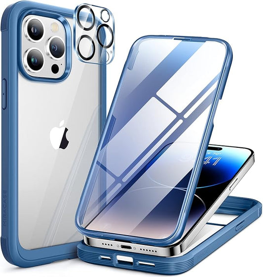 Miracase Glass Series for iPhone 14 Pro Case 6.1 Inch, Full-Body Clear Bumper Case with Built-in 9H Tempered Glass Screen Protector, with Camera Lens Protector, Capri Blue