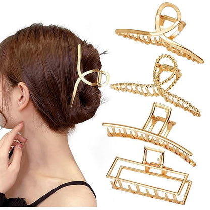4 Pack Large Metal Hair Clips for Thin to Thick Curly Hair, 4.3 Inch Big Nonslip Gold Color Clamps, Perfect Fashion Jaw Claw Hair Styling Accessories for Women and Girls, Christmas Gifts