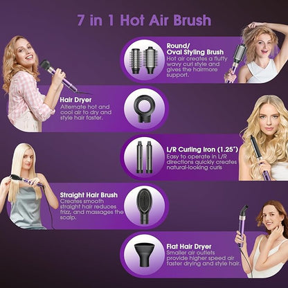 7 in 1 Blow Dryer Brush and Hair Dryer, Hot Hair Styler with Negative Ion 110,000 RPM Hair Straightener Brush for Fast Drying Straightening Curling Voluming, Suitable for All Types,Purple