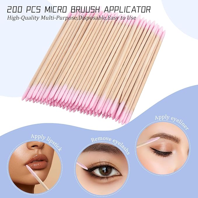 300 pcs Eyelash Extension Supply Kits 200pcs Disposable Double pointed head Wooden Micro Swab Brush 50pcs Eyebrow Spoolie 50pcs Lip Brush Mascara Wand Applicator Eyelashes Tool (Bamboo pink kits)