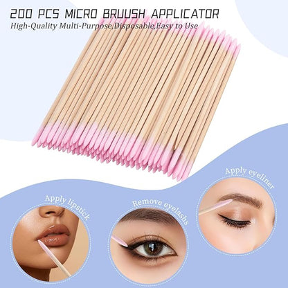 300 pcs Eyelash Extension Supply Kits 200pcs Disposable Double pointed head Wooden Micro Swab Brush 50pcs Eyebrow Spoolie 50pcs Lip Brush Mascara Wand Applicator Eyelashes Tool (Bamboo pink kits)