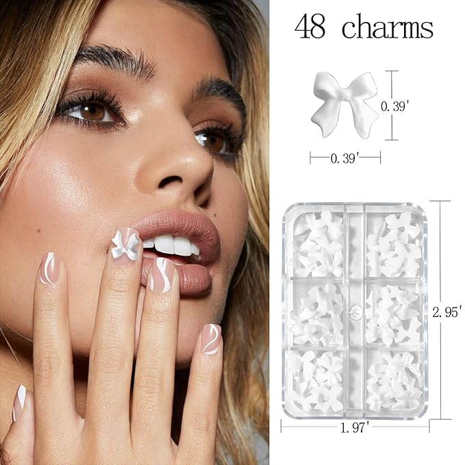 Nail Charms & Pearls - Bow-Knot Nail Accessories in Silver & White, Half Round Beads, Luxurious Design - DIY Crafts