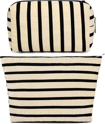 2 Pieces Makeup Bag Large Stripe Cosmetic Bag Capacity Canvas Mix Travel Toiletry Bag Organizer Cute Makeup Brushes Aesthetic Accessories Storage Bag for Women, Stripe Mix White