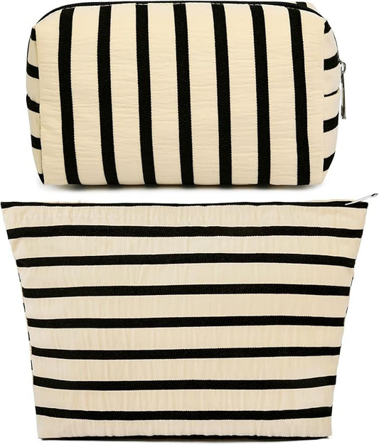 2 Pieces Makeup Bag Large Stripe Cosmetic Bag Capacity Canvas Mix Travel Toiletry Bag Organizer Cute Makeup Brushes Aesthetic Accessories Storage Bag for Women, Stripe Mix White