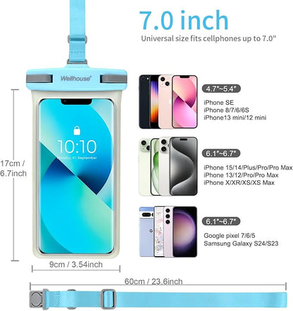 wellhouse Waterproof Phone Pouch, Waterproof Phone Case for iPhone 16 15 14 13 12 Pro Max XS Samsung, IPX8 3D Cellphone Dry Bag Beach Essentials (1 Pack - Luminous Light Blue7.0, 7 inch)