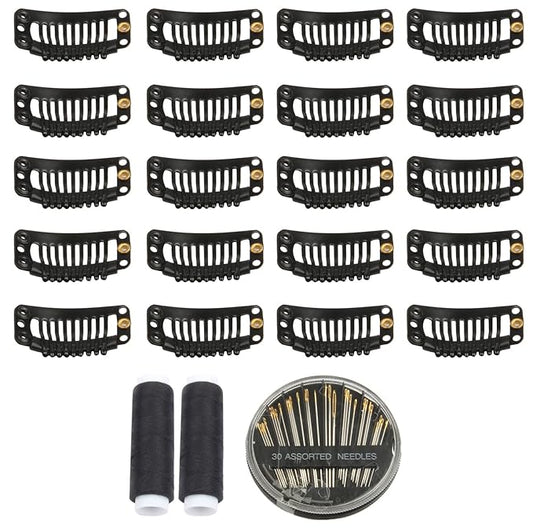 30pcs 9 Teeth Stainless Steel Snap Comb Wig Clips, Hair Extension Clips, Wig Accessories Clip with 30 Assorted Sewing Needles and 2 Rolls Thread (Black)