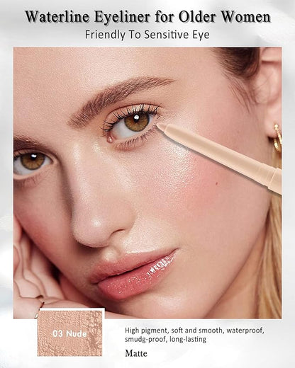 Nude Waterline Eyeliner Pencil, Cream Gel Eyeliner Waterline Waterproof Smudge-Proof Long-Wearing, Intense Color, Retractable Eye Liner Brightener Pen with Sharpener, Smooth Eye Makeup for women-2Pcs