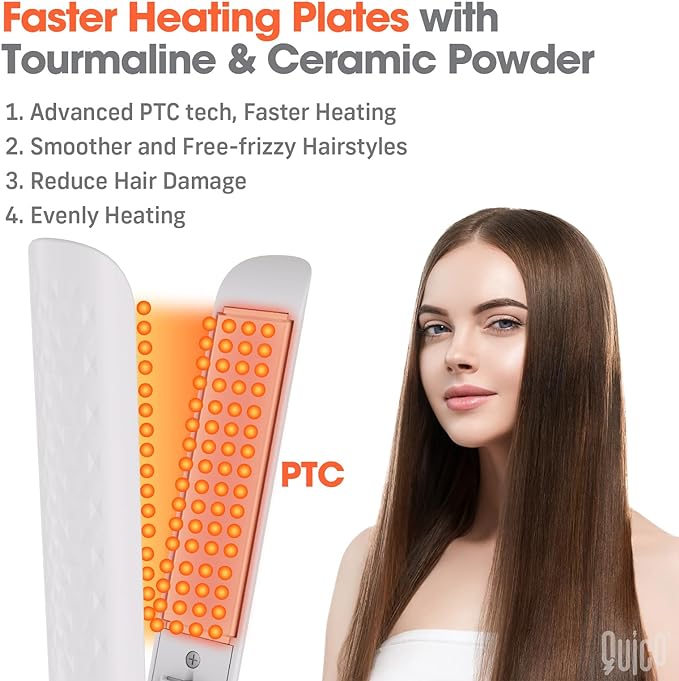 Hair Straightener, Quico 15s Fast Heating, 110-240V Global Travel Hair Straighteners for Women, Professional Negative Ion Flat Iron, Temp Memory, 320-450℉, Auto-Off, with Glove and Clips, Gift, White