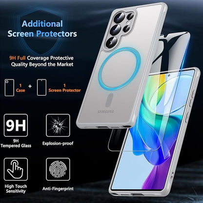 OWKEY Samsung Galaxy S25 Ultra Case 6.86'', Magnetic S25 Ultra Case for Magsafe with Tempered Glass Screen, [Shockproof Military] Translucent Back Slim Bumper Cover Phone Case Galaxy S25 Ultra, Gray
