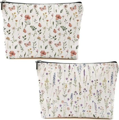 2pcs Floral Makeup Bags for Women, Cute Flower Aesthetic Travel Toiletry Bag, Coquette Cosmetic Bag, Portable Zipper Pouch Cosmetics Pouch Gifts for Women Girls