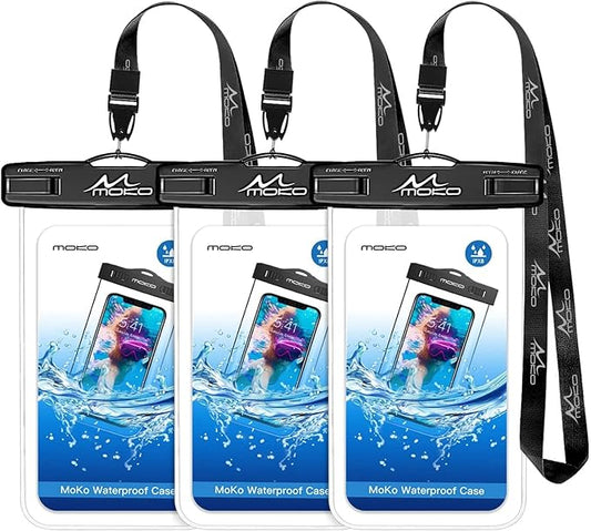 MoKo Waterproof Phone Pouch [3 Pack], Underwater Phone Case Dry Bag with Lanyard Compatible with iPhone 16 14 13 12 11 Pro Max X/Xr/Xs Max/SE 3, Galaxy S21/S10/S9, Note 10/9/8, Black+Black+Black