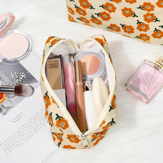 2 Pieces Flower Makeup Bag Large Corduroy Cosmetic Bag Capacity Canvas Mix Travel Toiletry Bag Organizer Cute Makeup Brushes Aesthetic Accessories Storage Bag for Women, Flower Mix Orange