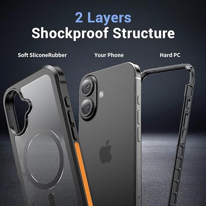 for iPhone 16 case, [Compatible with MagSafe][Military Grade Drop Protection][Heavy Duty Protection][Non-Slip][Shockproof] with 2-Layer Durable Bumper Phone Case 6.1''-Black