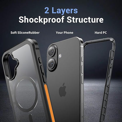 for iPhone 16 case, [Compatible with MagSafe][Military Grade Drop Protection][Heavy Duty Protection][Non-Slip][Shockproof] with 2-Layer Durable Bumper Phone Case 6.1''-Black