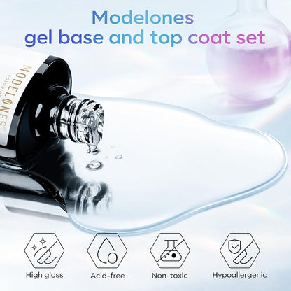 modelones Gel Top Coat, 15 ml 2025 Upgrade Super Shiny Base and Top Coat Set, Soak Off Nail Lamp Acid Free No Wipe Clear Base Top Gel Nail Polish
