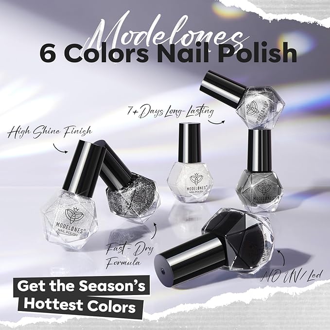 modelones Nail Polish Set, 6 Colors White Black Nail Polish with Magnet Glitter Cat Eye Magnetic Non Toxic Quick Dry Nail Polish Kit Fast Drying Fingernail Polish Salon Home DIY Gifts For Women Girl