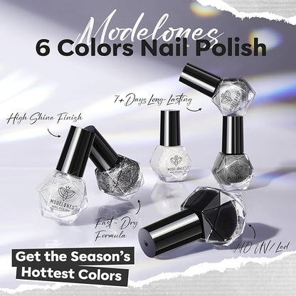 modelones Nail Polish Set, 6 Colors White Black Nail Polish with Magnet Glitter Cat Eye Magnetic Non Toxic Quick Dry Nail Polish Kit Fast Drying Fingernail Polish Salon Home DIY Gifts For Women Girl