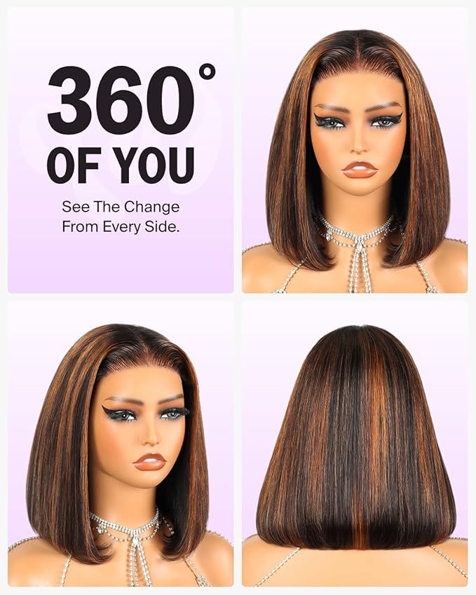 6x5 Highlight Bob Wig Human Hair Glueless Pre Cut HD Lace Closure Bob Wig 220% Density Wear and Go Glueless Wig Pre Plucked Ombre Wig Bleached Tiny Knots 12 Inch 1BP30