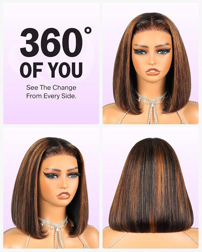 6x5 Highlight Bob Wig Human Hair Glueless Pre Cut HD Lace Closure Bob Wig 220% Density Wear and Go Glueless Wig Pre Plucked Ombre Wig Bleached Tiny Knots 12 Inch 1BP30