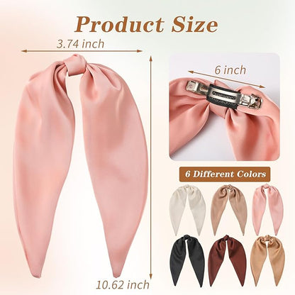 6PCS Silky Satin Hair Bows, Hair Bow Clips with Long Tail, Hair Bows for Girls & Women Elegant Bow Hair Ribbon Ponytail Holder, Alligator Metal Clips Accessories for Toddler & Kids Gifts Neutral Color
